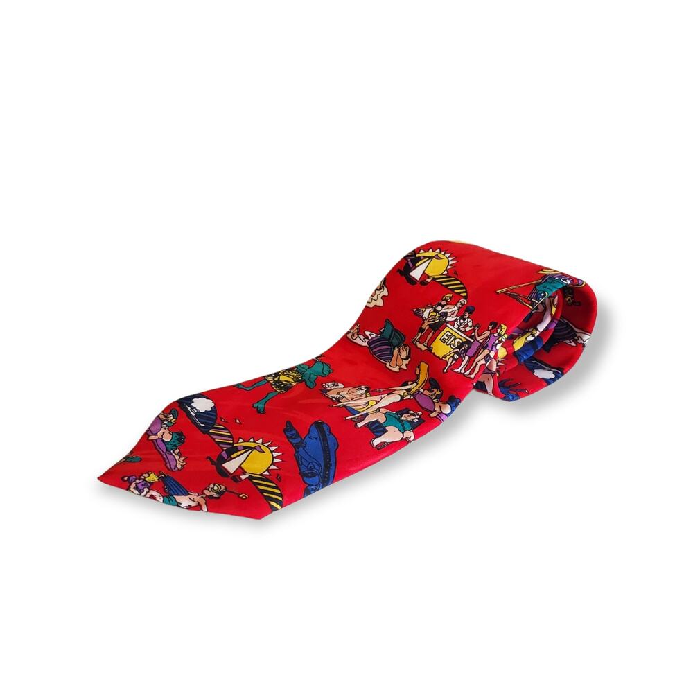 Jean Baptiste Caumont Red Silk Novelty Print Beach Vacation Quirky Tie